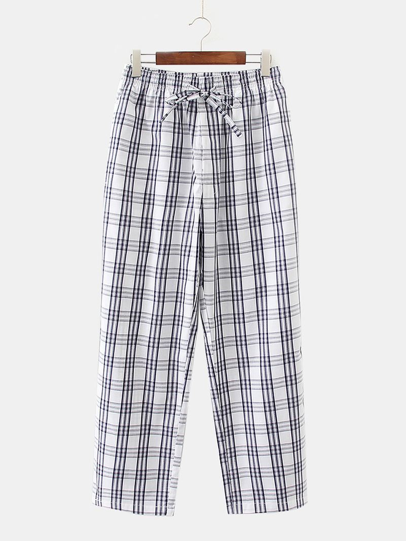 Mænd Klassisk Plaid Med Tryk Snøre Bomuld Hjemmepyjamasbukser Med Lomme