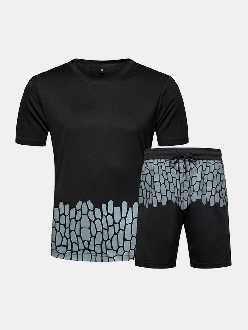 Mænd Med Tryk Mesh Kortærmet Elastisk Talje Shorts Hjem Sport Åndbar Nattøj To Stykker