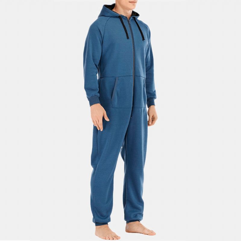 Mænd Mulit Pockets Thicken Loungewear Jumpsuit Med Lynlås Almindelig Hættepyjamas