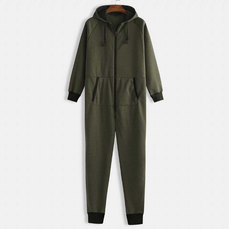 Mænd Mulit Pockets Thicken Loungewear Jumpsuit Med Lynlås Almindelig Hættepyjamas