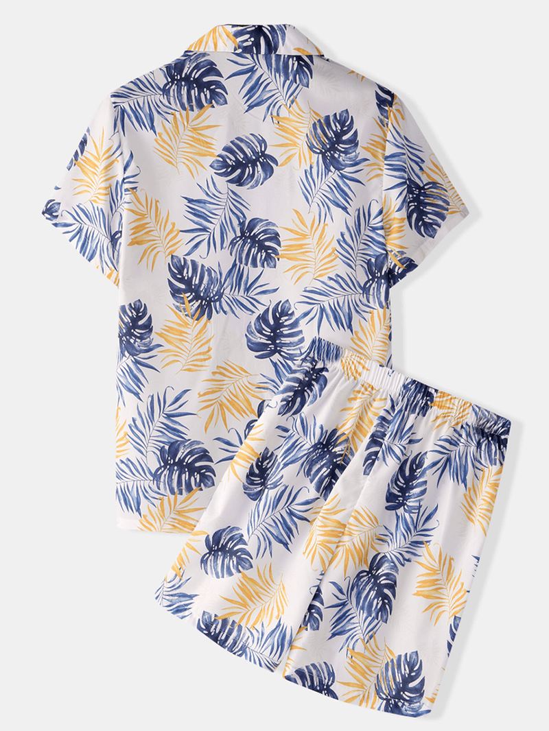 Mænd Tropical Plant Leaves Med Tryk Turn Down Collar Pyjamas Set Faux Silk Home Nattøj