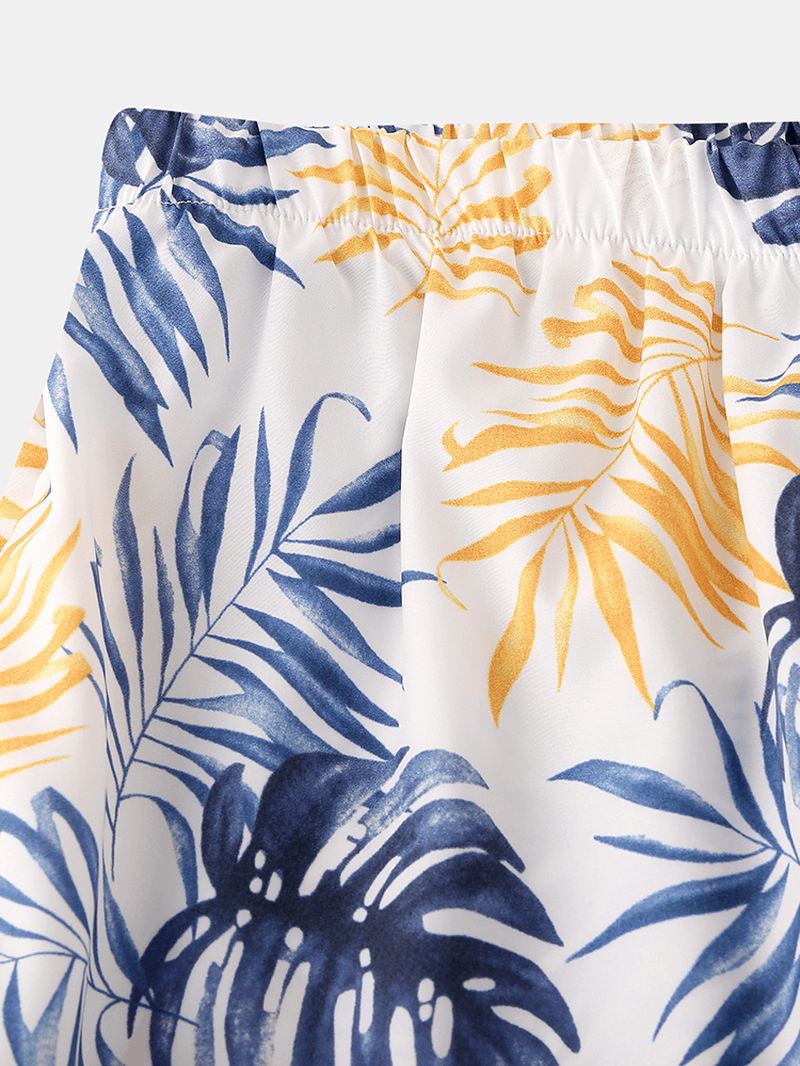 Mænd Tropical Plant Leaves Med Tryk Turn Down Collar Pyjamas Set Faux Silk Home Nattøj