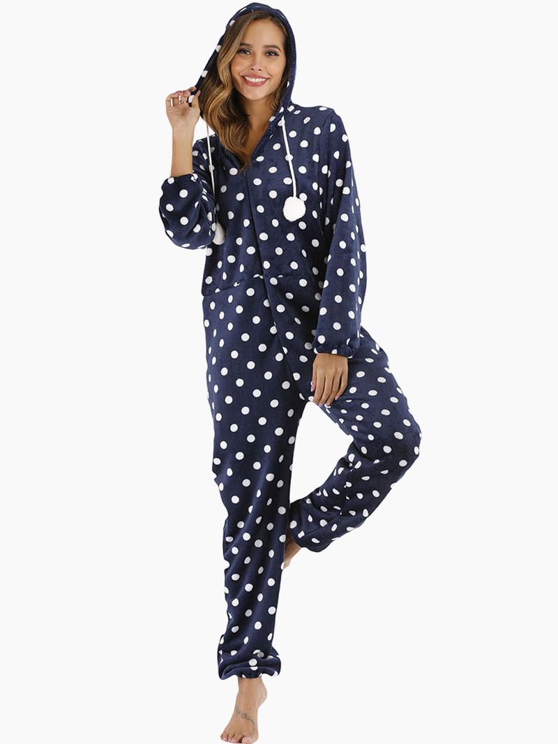 Navy Polka Dot Front Zip Hoodie Jumpsuit Casual Pyjamas Sæt