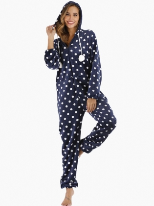 Navy Polka Dot Front Zip Hoodie Jumpsuit Casual Pyjamas Sæt