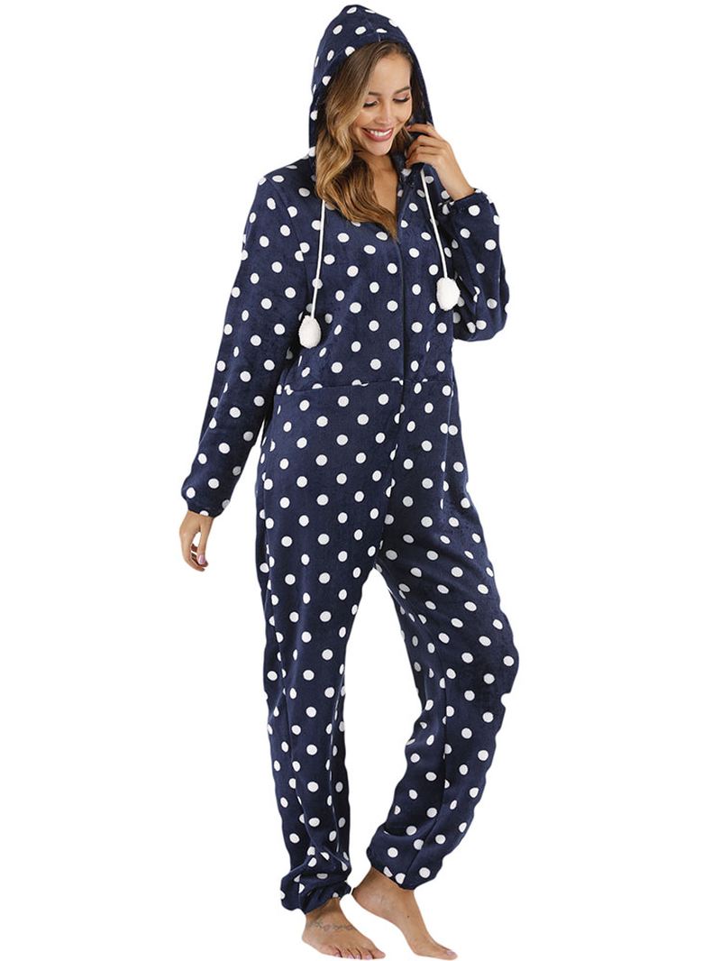 Navy Polka Dot Front Zip Hoodie Jumpsuit Casual Pyjamas Sæt