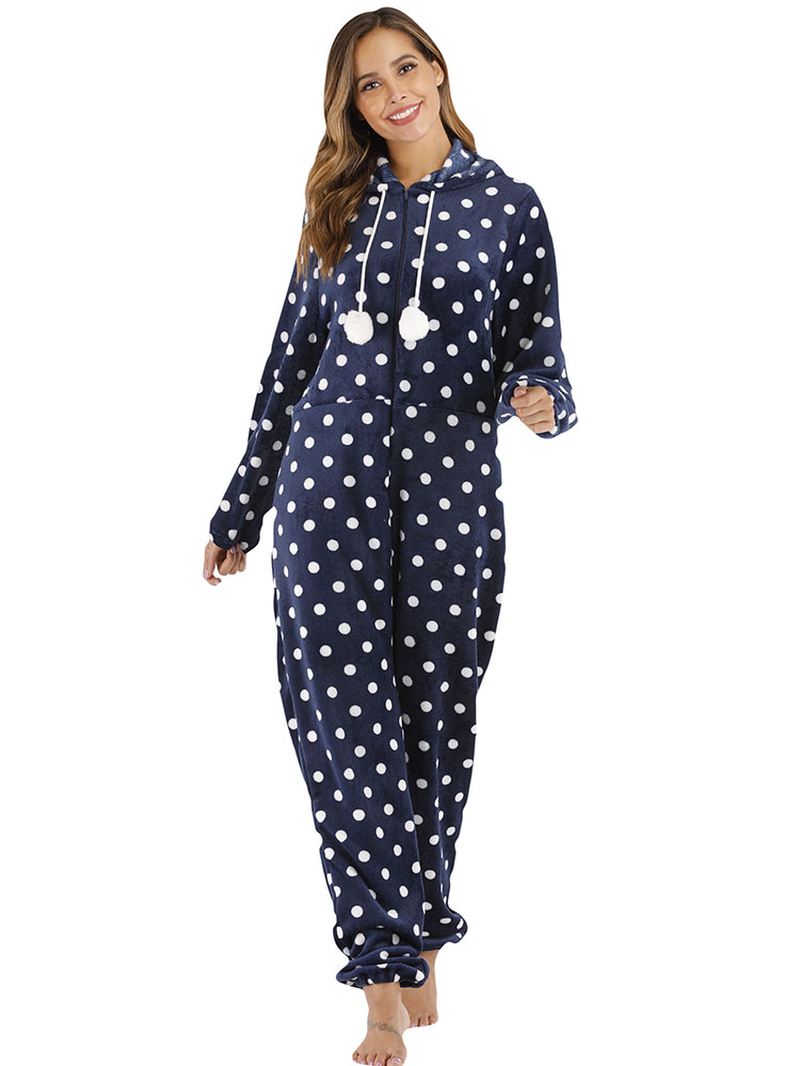 Navy Polka Dot Front Zip Hoodie Jumpsuit Casual Pyjamas Sæt