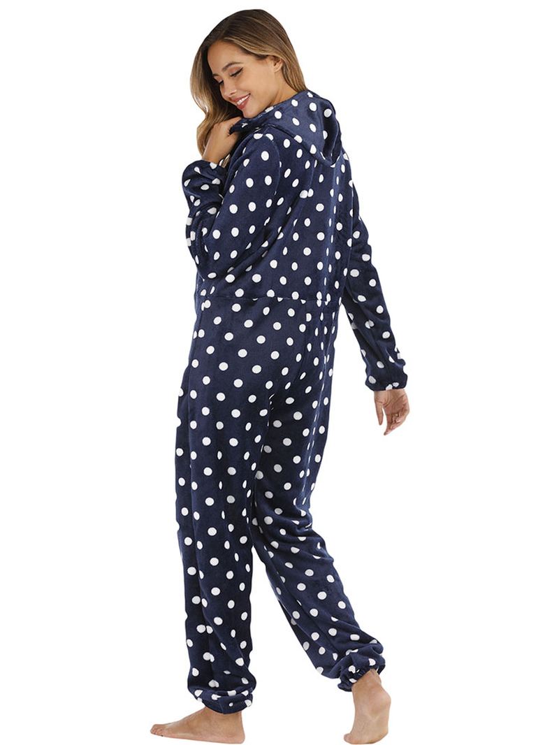 Navy Polka Dot Front Zip Hoodie Jumpsuit Casual Pyjamas Sæt