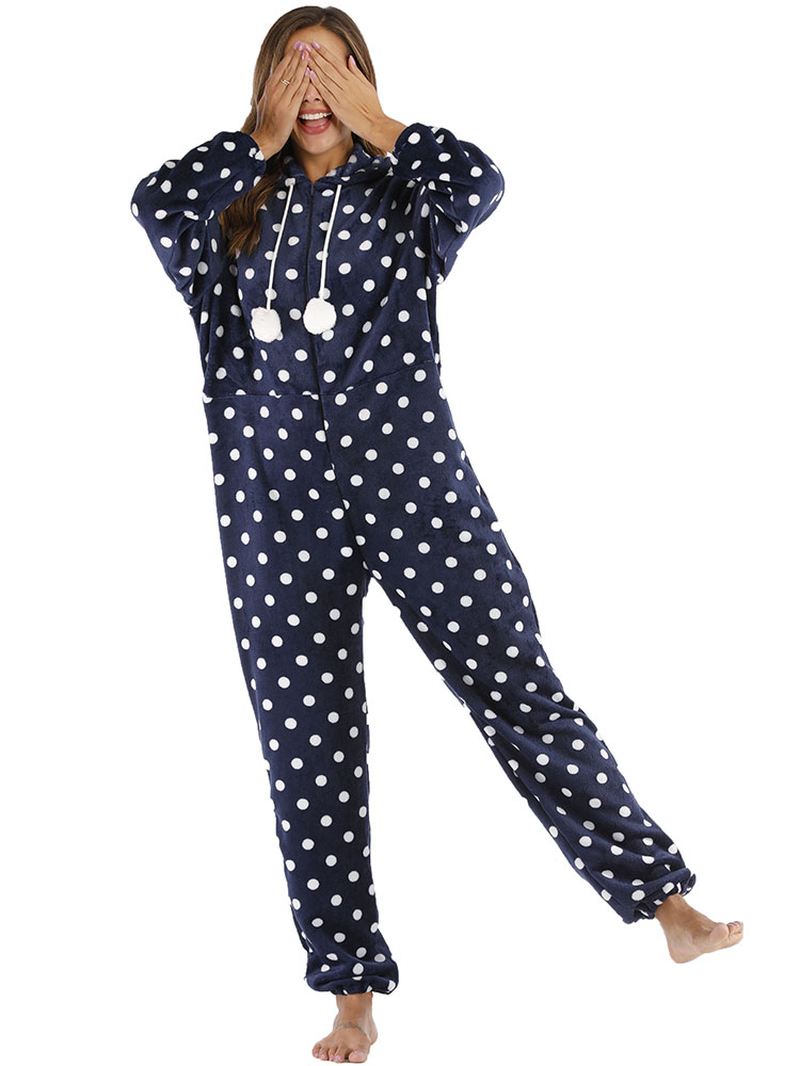 Navy Polka Dot Front Zip Hoodie Jumpsuit Casual Pyjamas Sæt