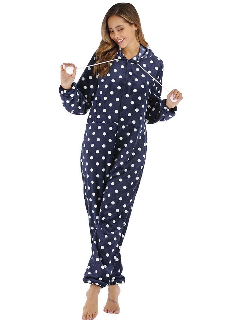 Navy Polka Dot Front Zip Hoodie Jumpsuit Casual Pyjamas Sæt