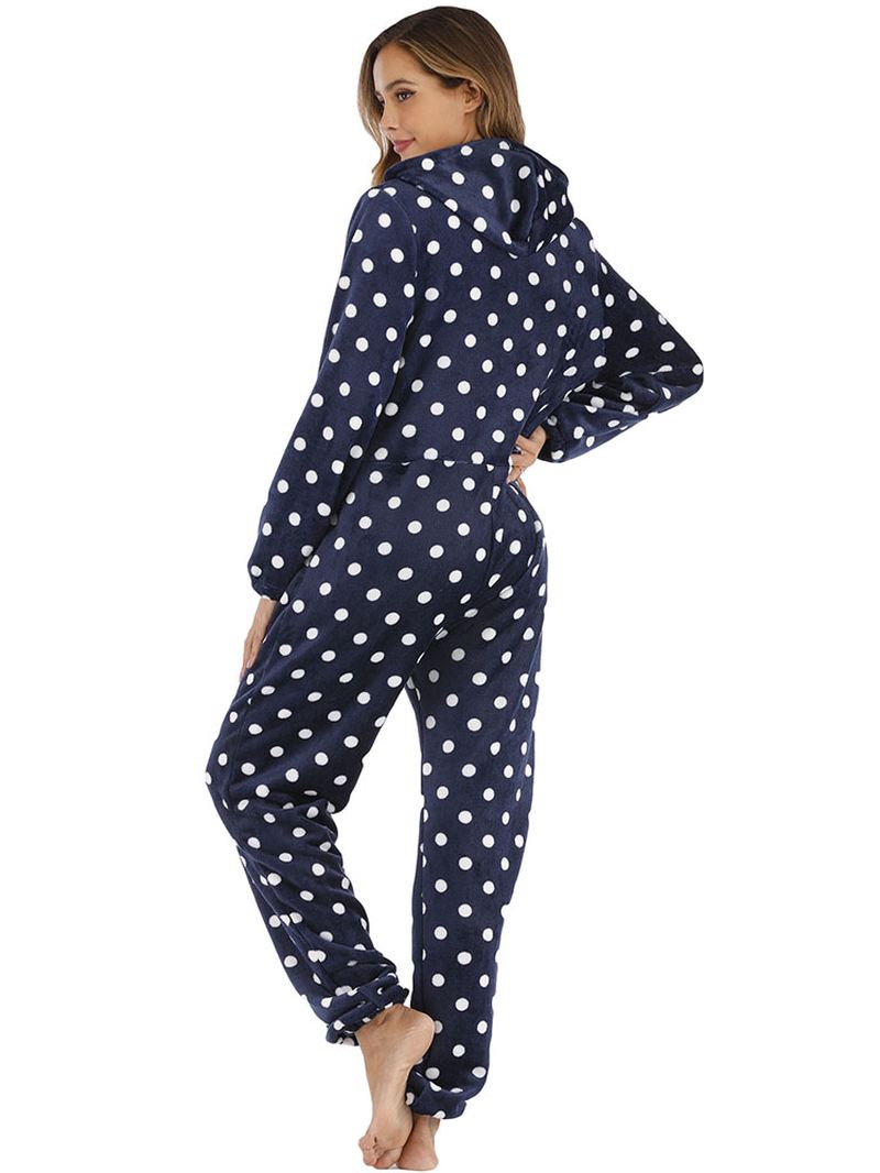 Navy Polka Dot Front Zip Hoodie Jumpsuit Casual Pyjamas Sæt