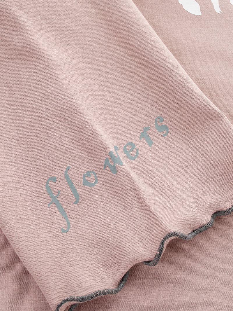 Plus Size Kvinder Blomster & Letter Med Tryk V-hals Langærmet Hjem Casual Pyjamas Sæt