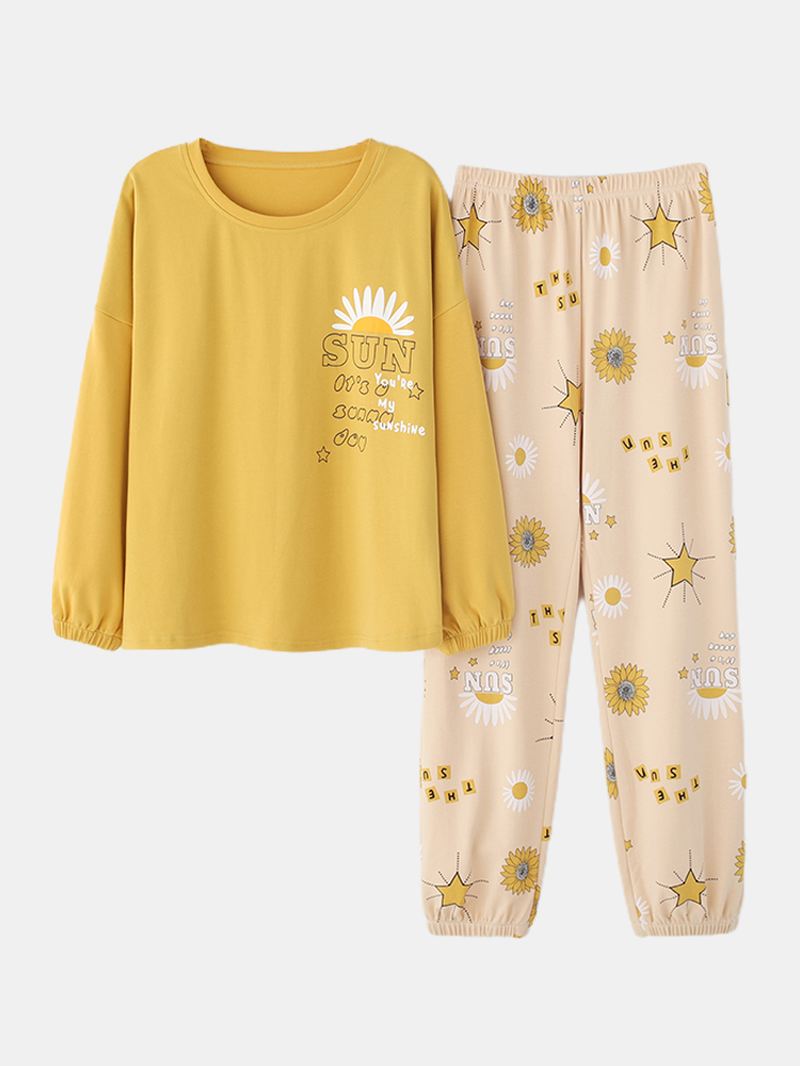 Plus Size Kvinder Blomster & Letter Med Tryk V-hals Langærmet Hjem Casual Pyjamas Sæt