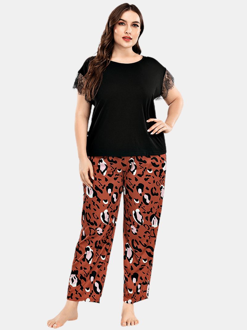 Plus Size Kvinder Blonde Sort Kortærmet Top Leopard Bukser Hjem Casual Pyjamas Sæt