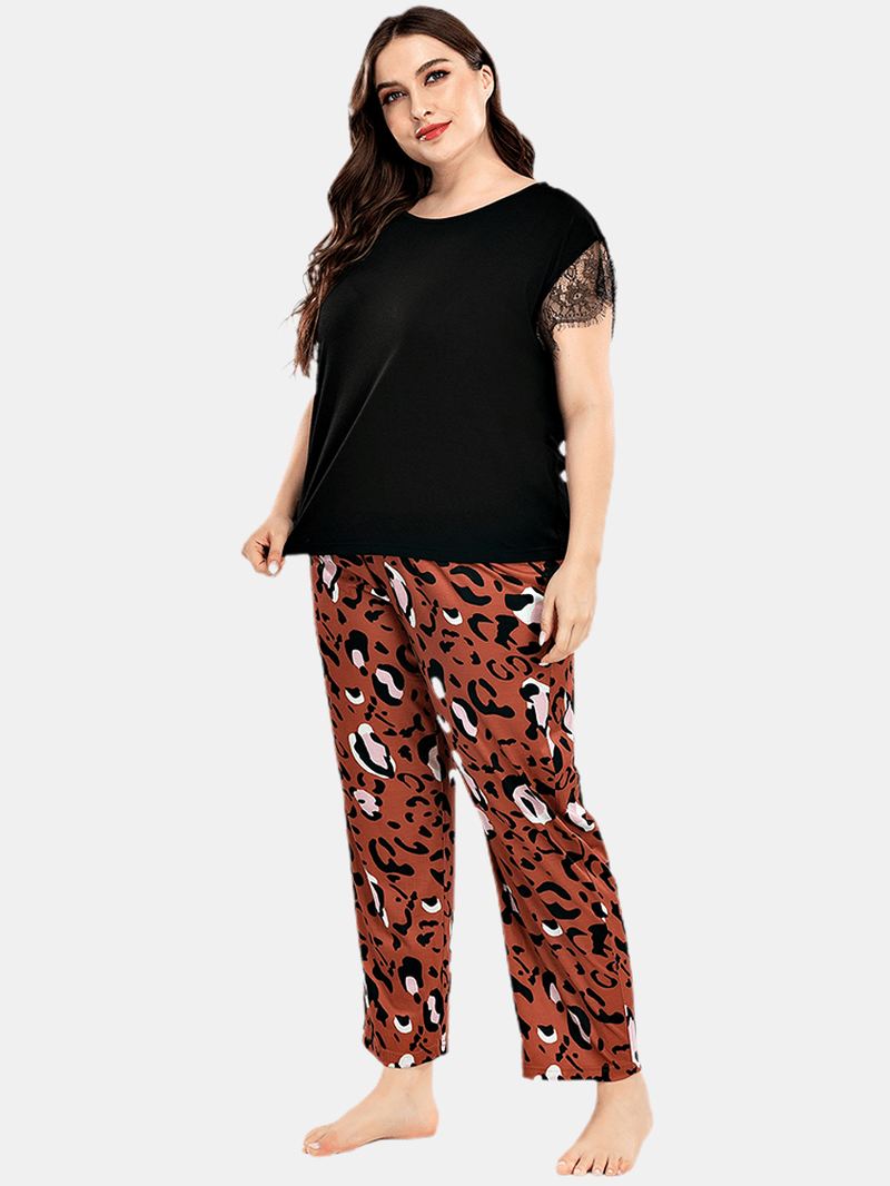 Plus Size Kvinder Blonde Sort Kortærmet Top Leopard Bukser Hjem Casual Pyjamas Sæt