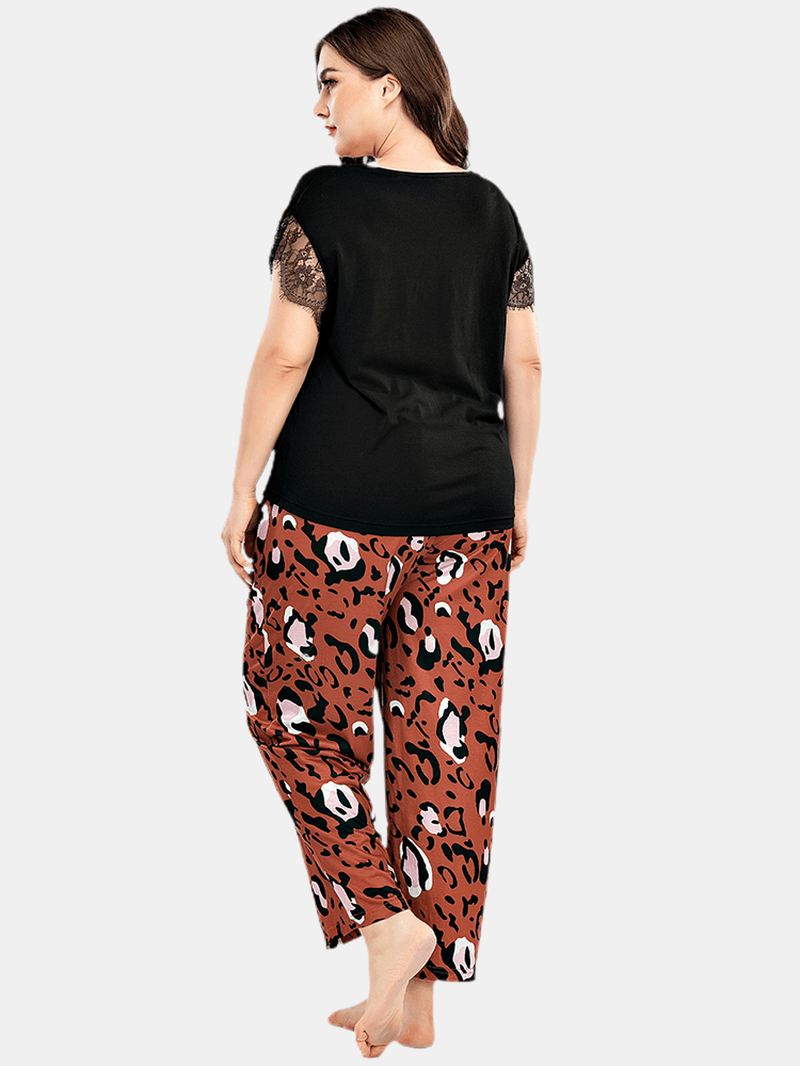 Plus Size Kvinder Blonde Sort Kortærmet Top Leopard Bukser Hjem Casual Pyjamas Sæt