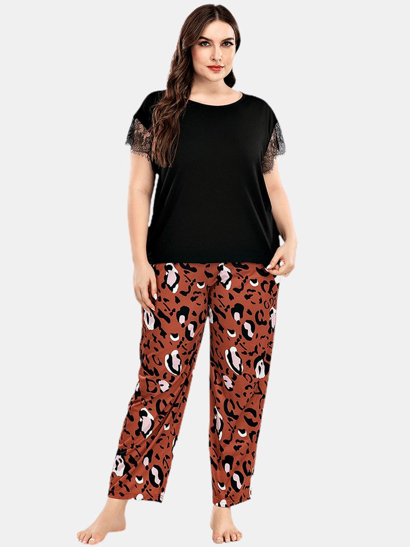 Plus Size Kvinder Blonde Sort Kortærmet Top Leopard Bukser Hjem Casual Pyjamas Sæt