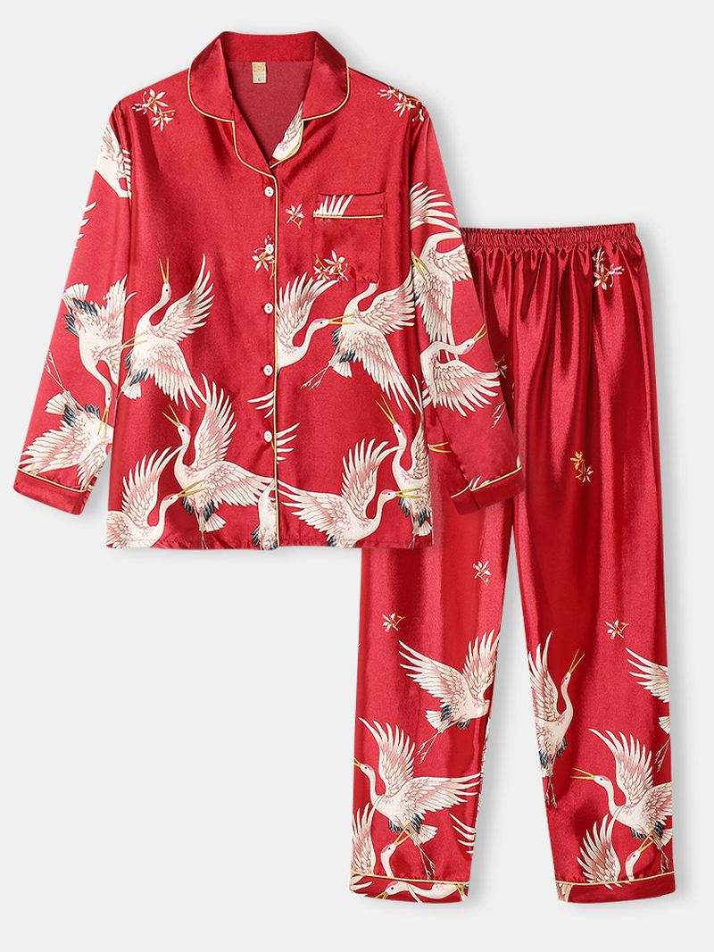 Plus Size Kvinder Crane Pattern Revere Krave Ice Silk Home Casual Pyjamas Sæt