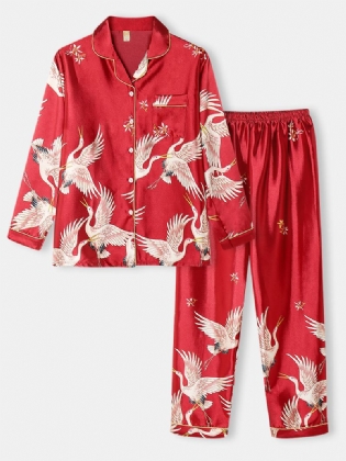 Plus Size Kvinder Crane Pattern Revere Krave Ice Silk Home Casual Pyjamas Sæt