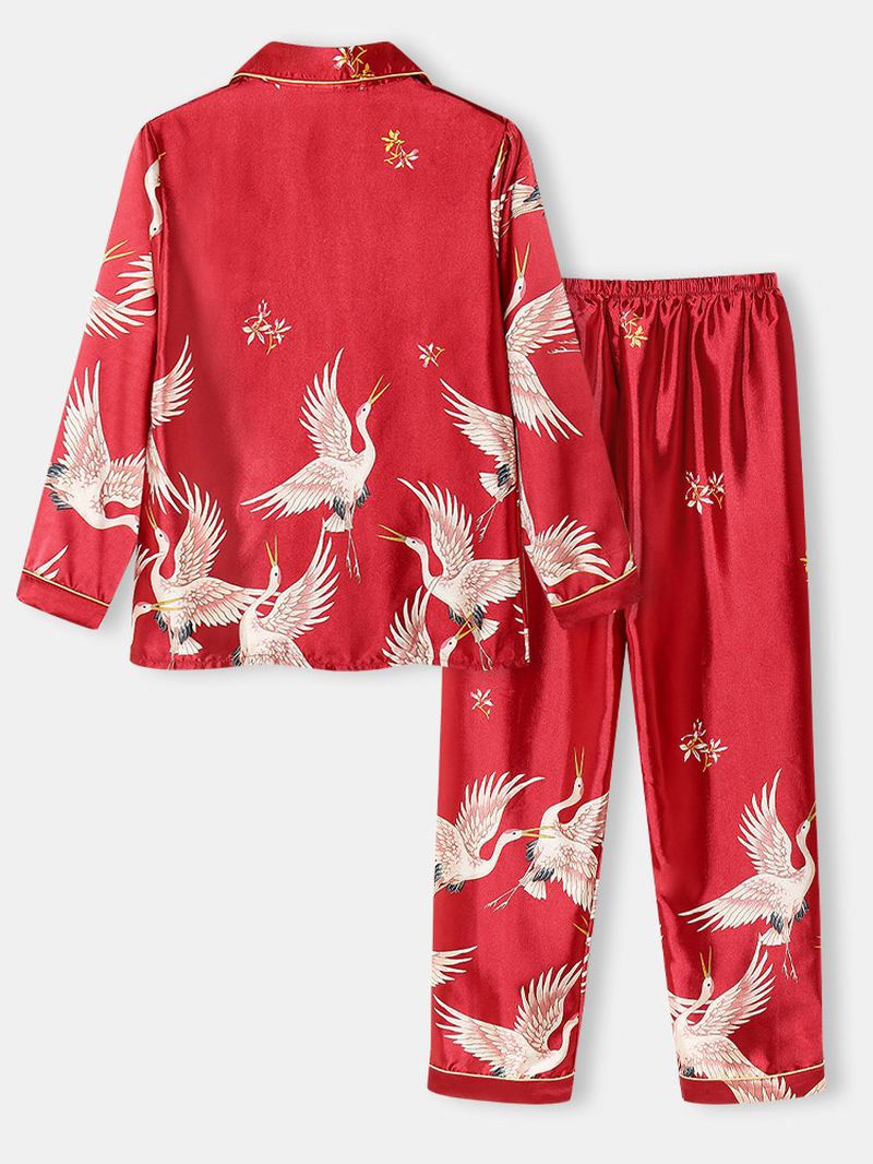 Plus Size Kvinder Crane Pattern Revere Krave Ice Silk Home Casual Pyjamas Sæt