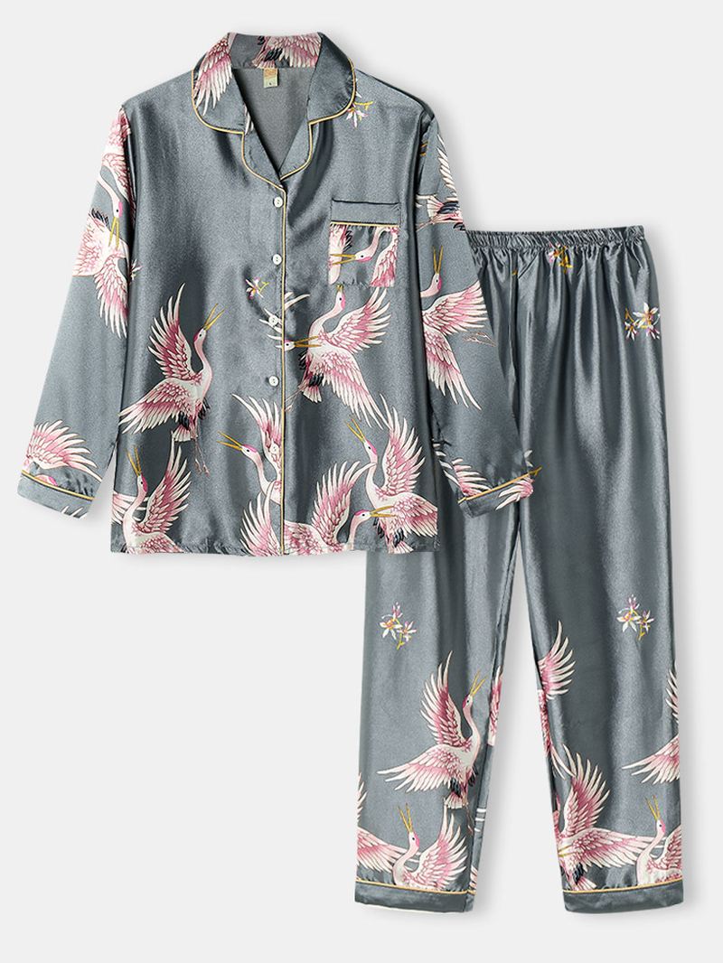 Plus Size Kvinder Crane Pattern Revere Krave Ice Silk Home Casual Pyjamas Sæt