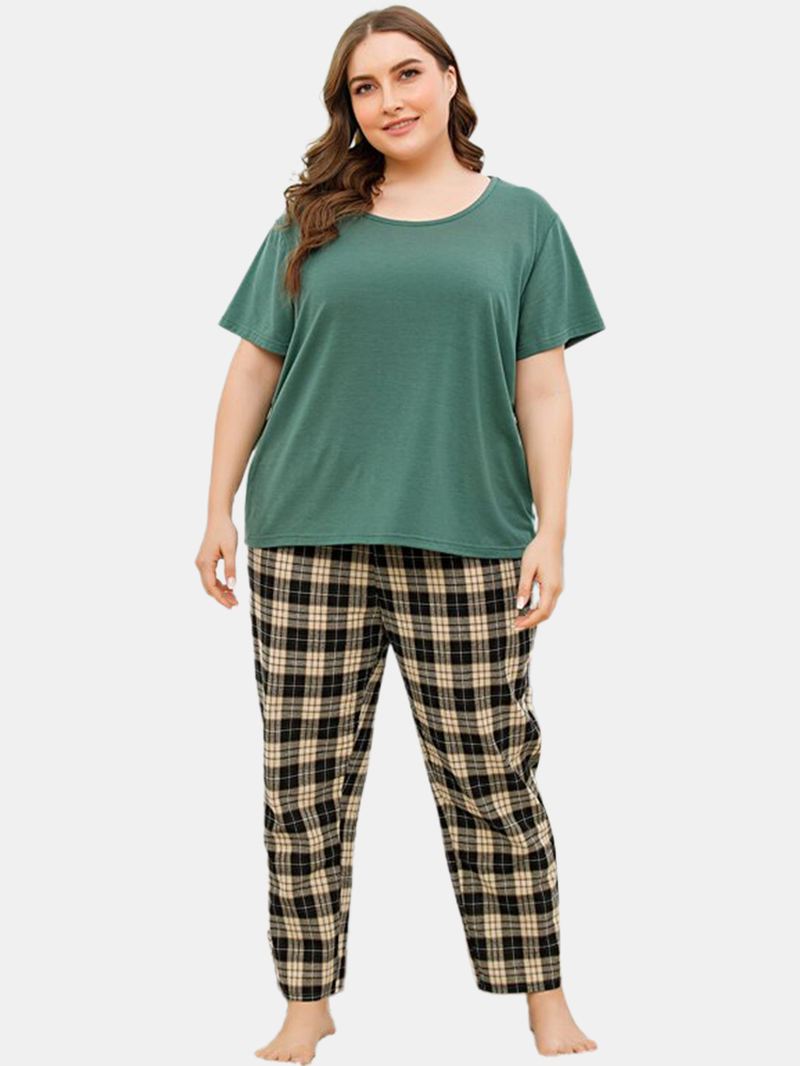 Plus Size Kvinder Ensfarvet Kortærmet Top Plaid Med Tryk To Stykke Hjem Pyjamas Sæt