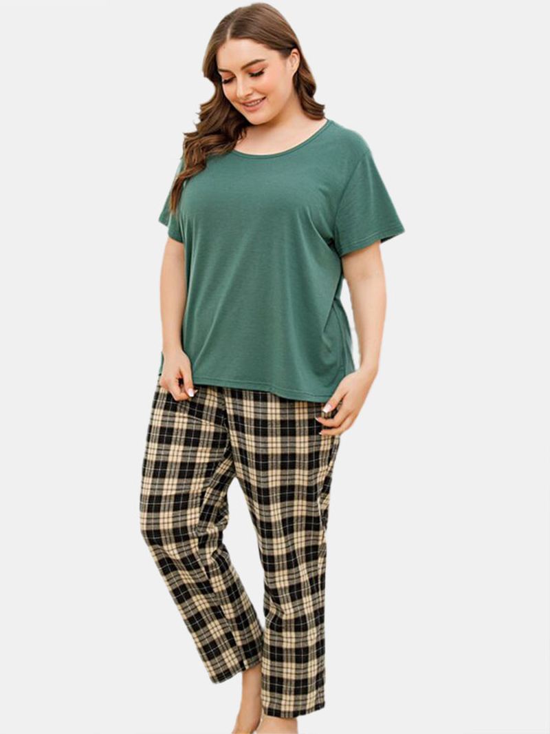 Plus Size Kvinder Ensfarvet Kortærmet Top Plaid Med Tryk To Stykke Hjem Pyjamas Sæt