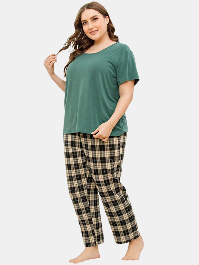 Plus Size Kvinder Ensfarvet Kortærmet Top Plaid Med Tryk To Stykke Hjem Pyjamas Sæt