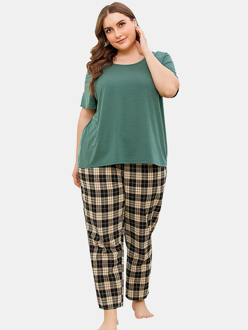 Plus Size Kvinder Ensfarvet Kortærmet Top Plaid Med Tryk To Stykke Hjem Pyjamas Sæt