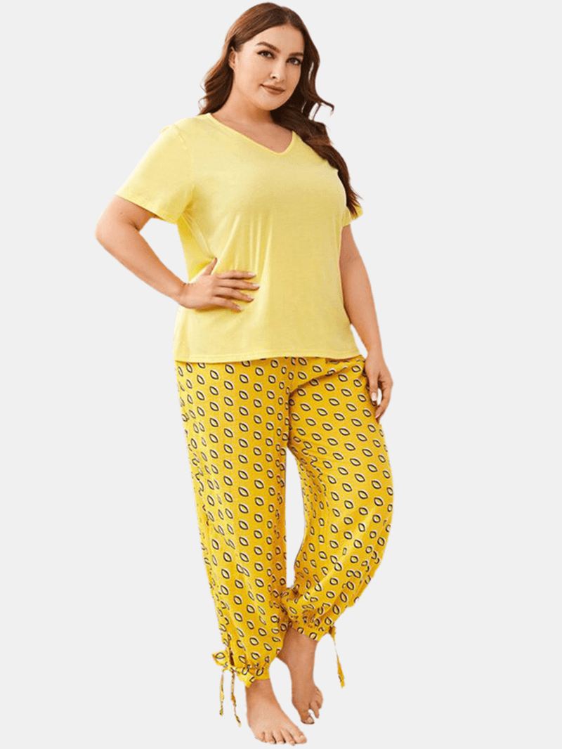 Plus Size Kvinder Ensfarvet V-hals Top Med Tryk Dragsnor Tie Beam Fødder Lange Bukser Hjem Pyjamas Sæt