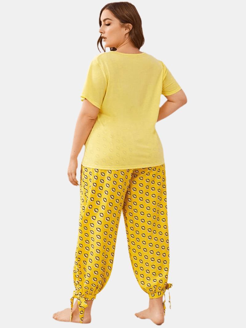 Plus Size Kvinder Ensfarvet V-hals Top Med Tryk Dragsnor Tie Beam Fødder Lange Bukser Hjem Pyjamas Sæt