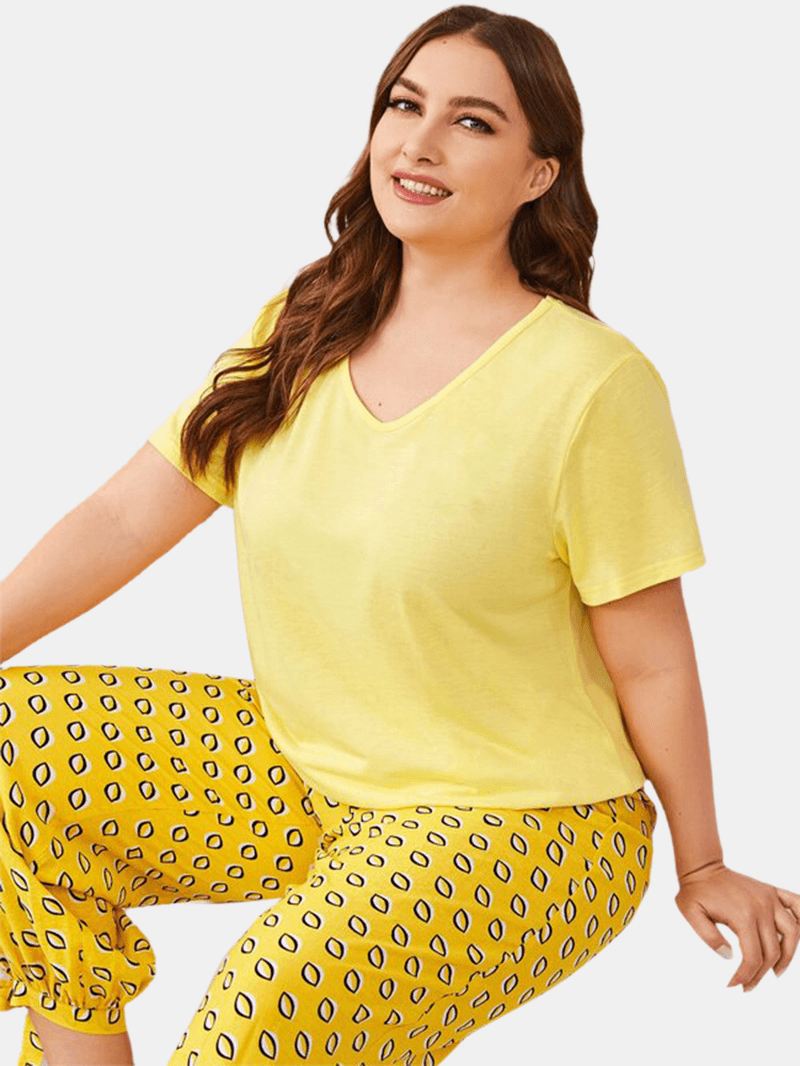 Plus Size Kvinder Ensfarvet V-hals Top Med Tryk Dragsnor Tie Beam Fødder Lange Bukser Hjem Pyjamas Sæt