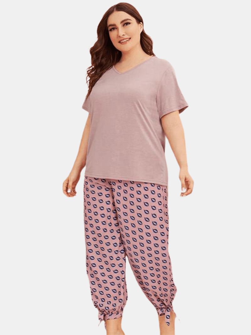 Plus Size Kvinder Ensfarvet V-hals Top Med Tryk Dragsnor Tie Beam Fødder Lange Bukser Hjem Pyjamas Sæt