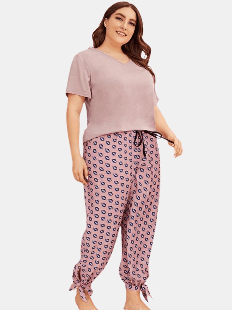 Plus Size Kvinder Ensfarvet V-hals Top Med Tryk Dragsnor Tie Beam Fødder Lange Bukser Hjem Pyjamas Sæt