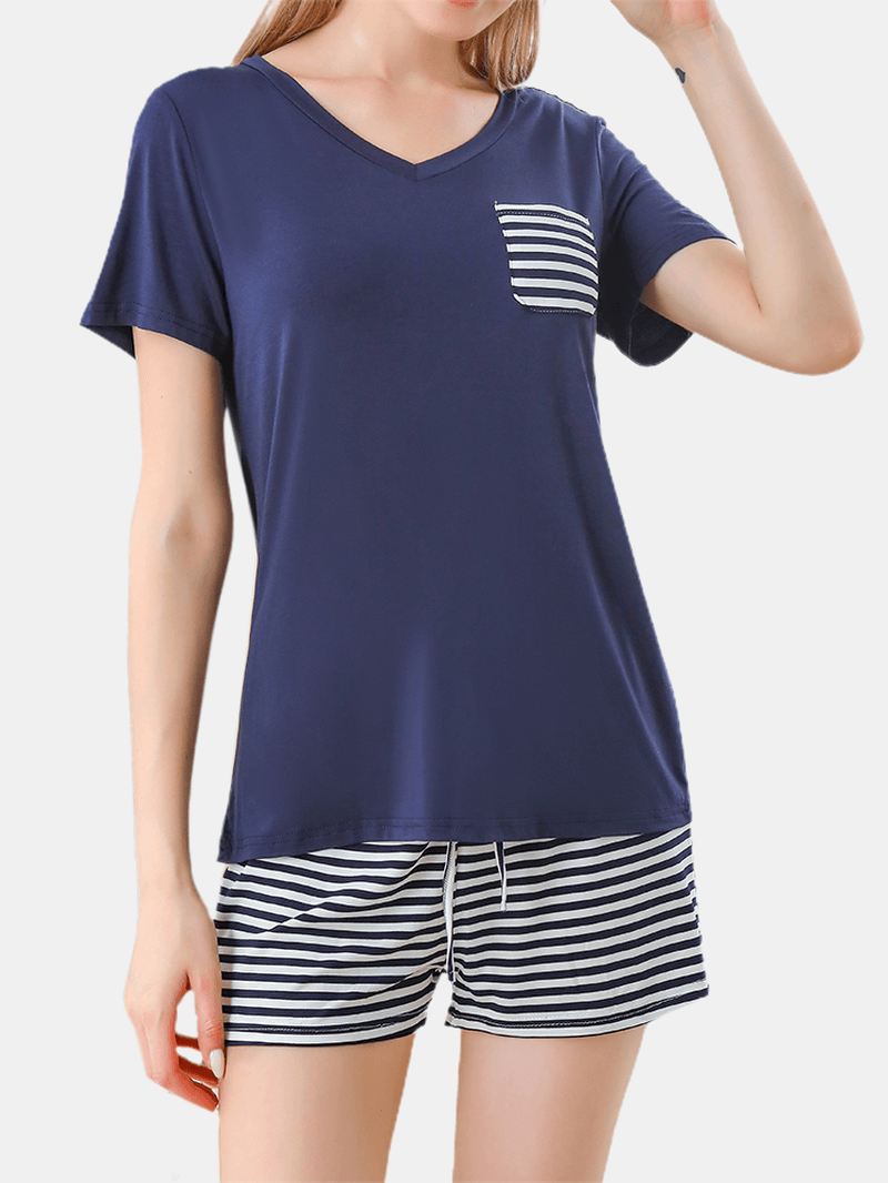 Plus Size Kvinder Ensfarvet V-hals Top Stripe Snøre Shorts Hjem Pyjamas Sæt