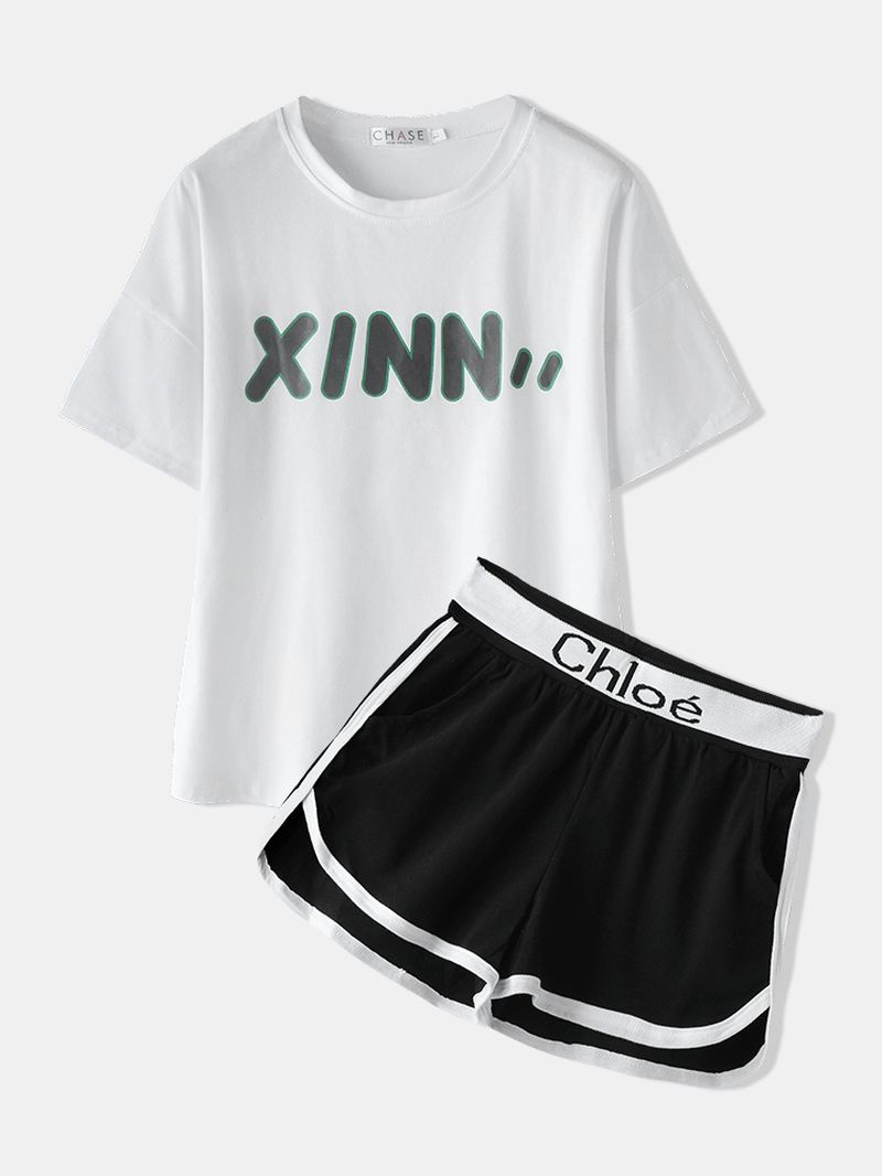 Plus Size Kvinder Letter Med Tryk Bomuld Casual Pyjamas Sæt Med Sportsshorts