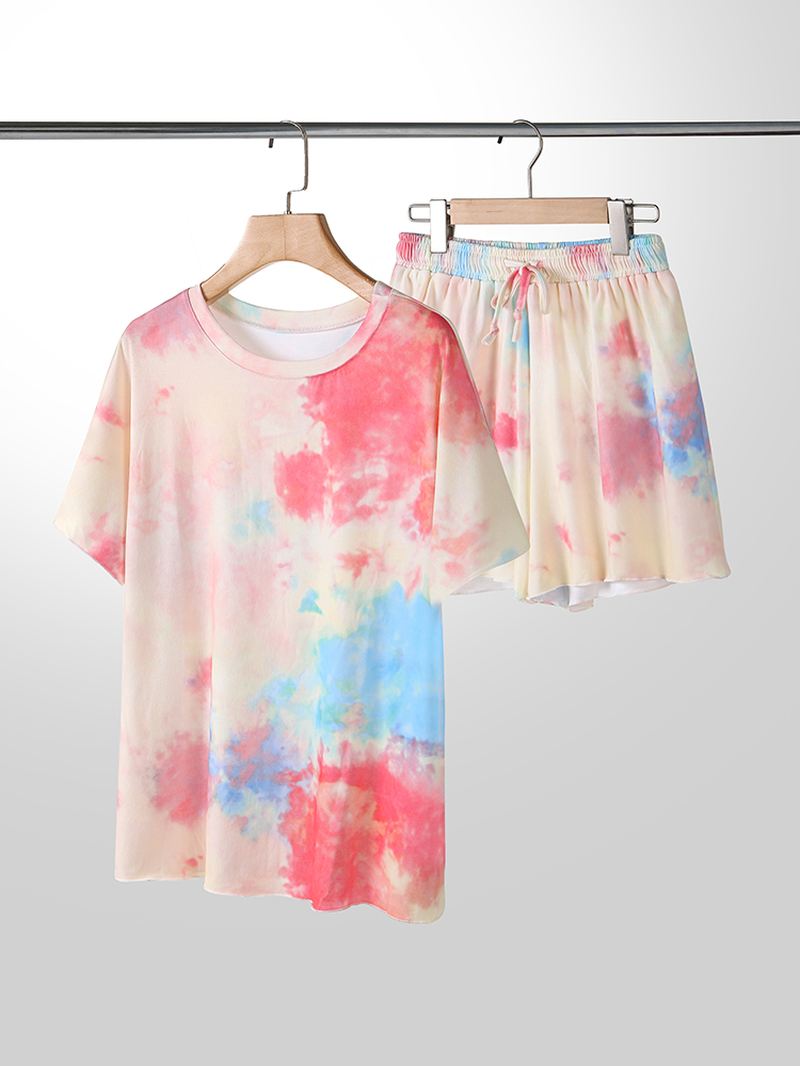 Plus Size Kvinder Tie-dye Kortærmet Snøre Casual Pyjamas Sæt