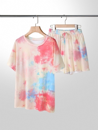 Plus Size Kvinder Tie-dye Kortærmet Snøre Casual Pyjamas Sæt