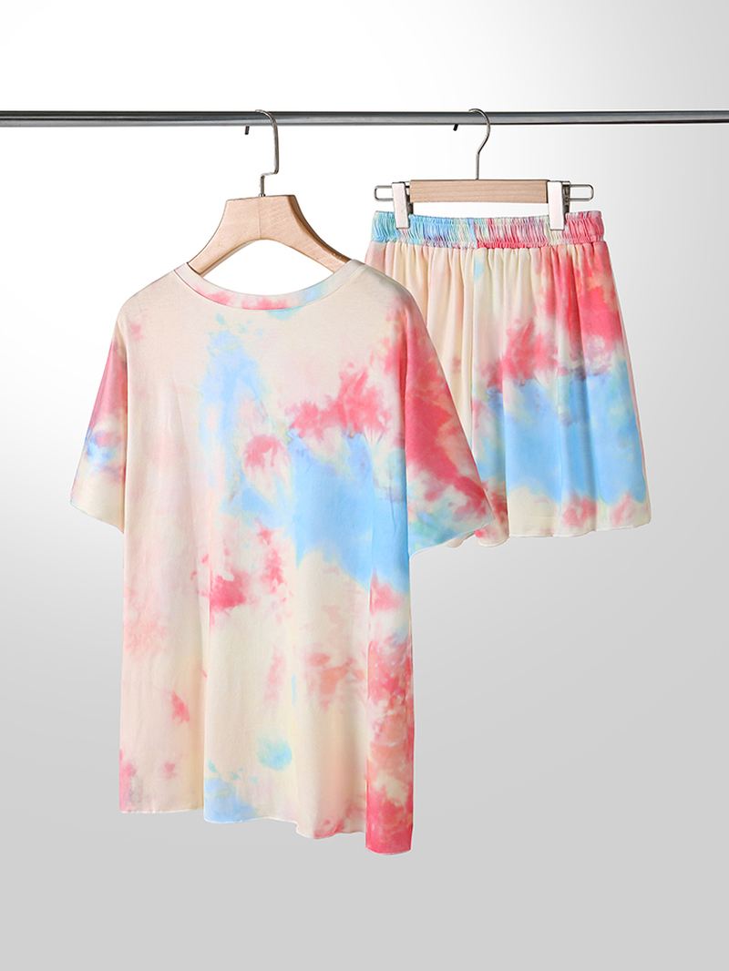 Plus Size Kvinder Tie-dye Kortærmet Snøre Casual Pyjamas Sæt