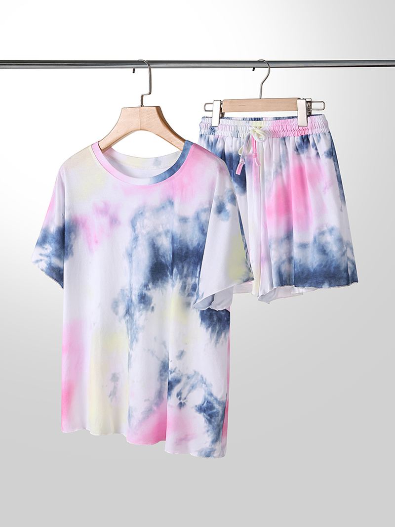 Plus Size Kvinder Tie-dye Kortærmet Snøre Casual Pyjamas Sæt