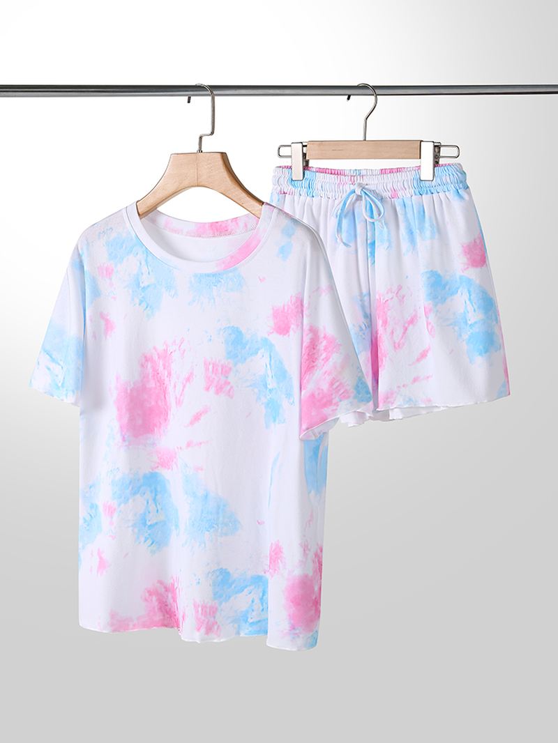 Plus Size Kvinder Tie-dye Kortærmet Snøre Casual Pyjamas Sæt