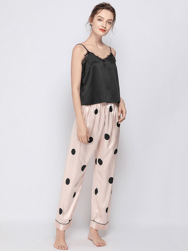 Polka Dot Spaghetti Remme Blonde-trim Rygfri Lungewear Casual Pyjamas Sæt