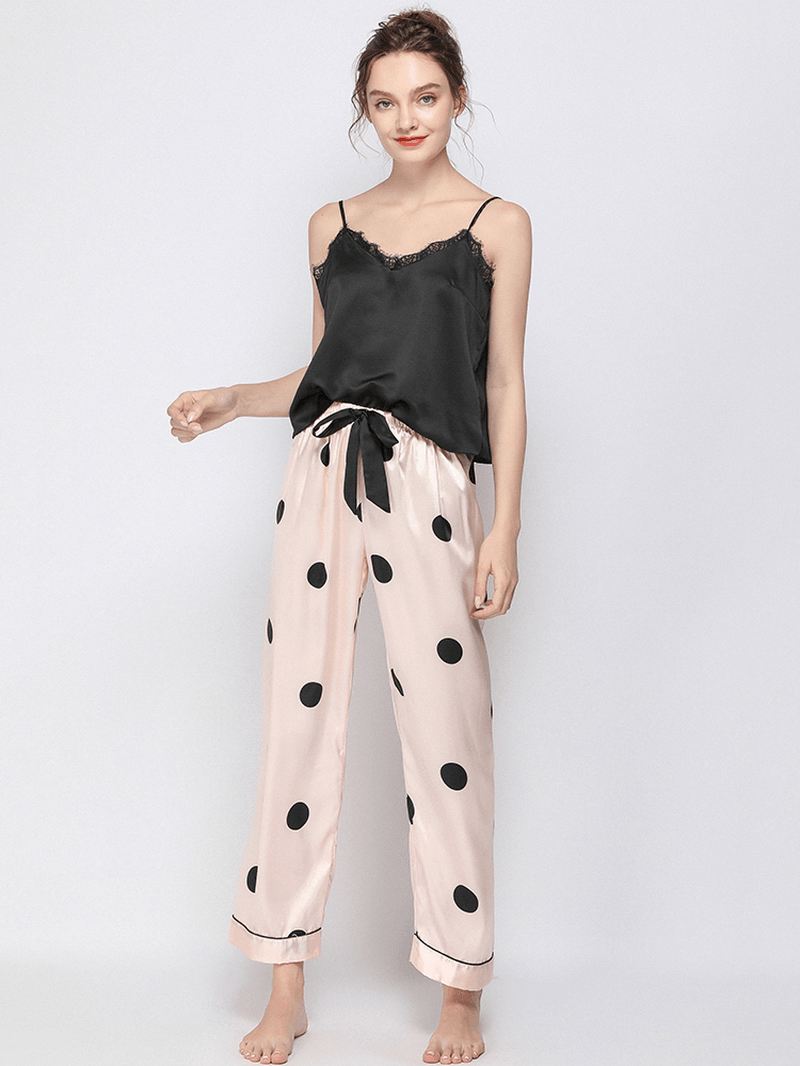 Polka Dot Spaghetti Remme Blonde-trim Rygfri Lungewear Casual Pyjamas Sæt