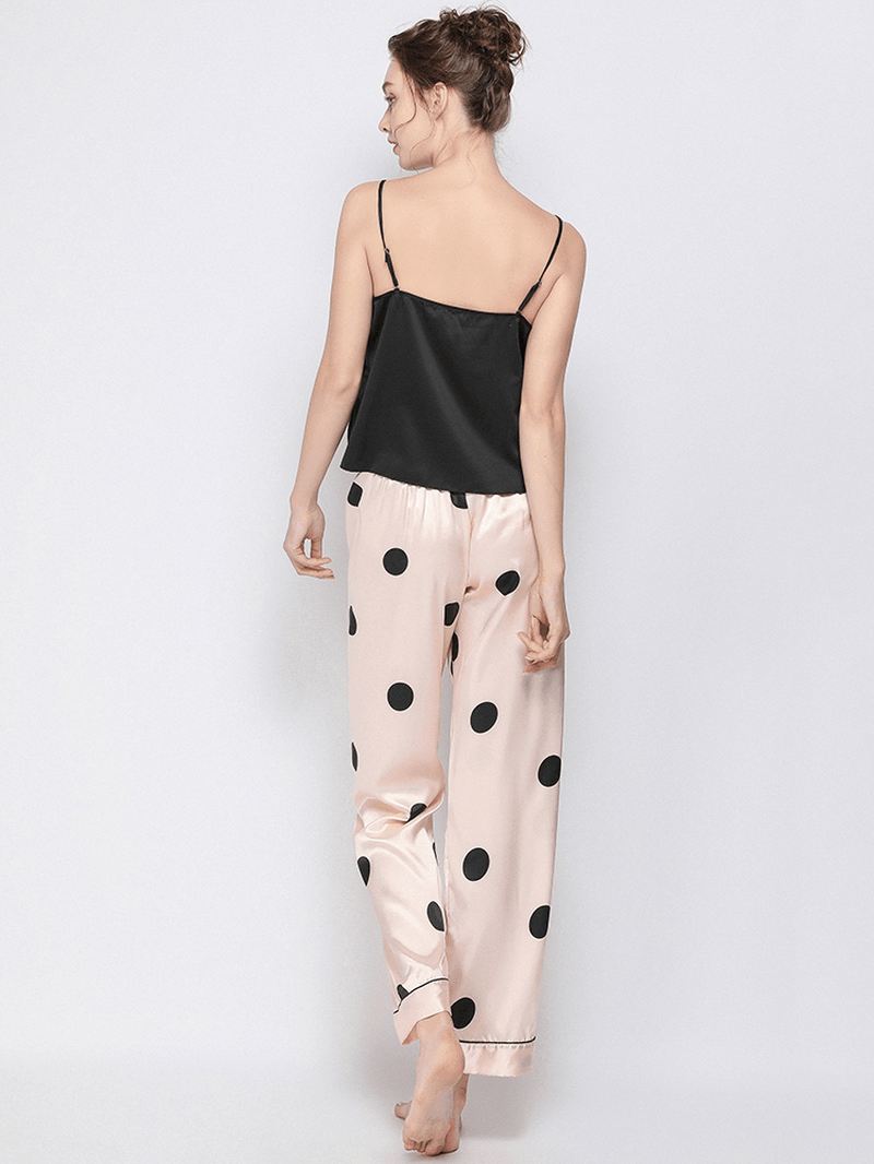 Polka Dot Spaghetti Remme Blonde-trim Rygfri Lungewear Casual Pyjamas Sæt