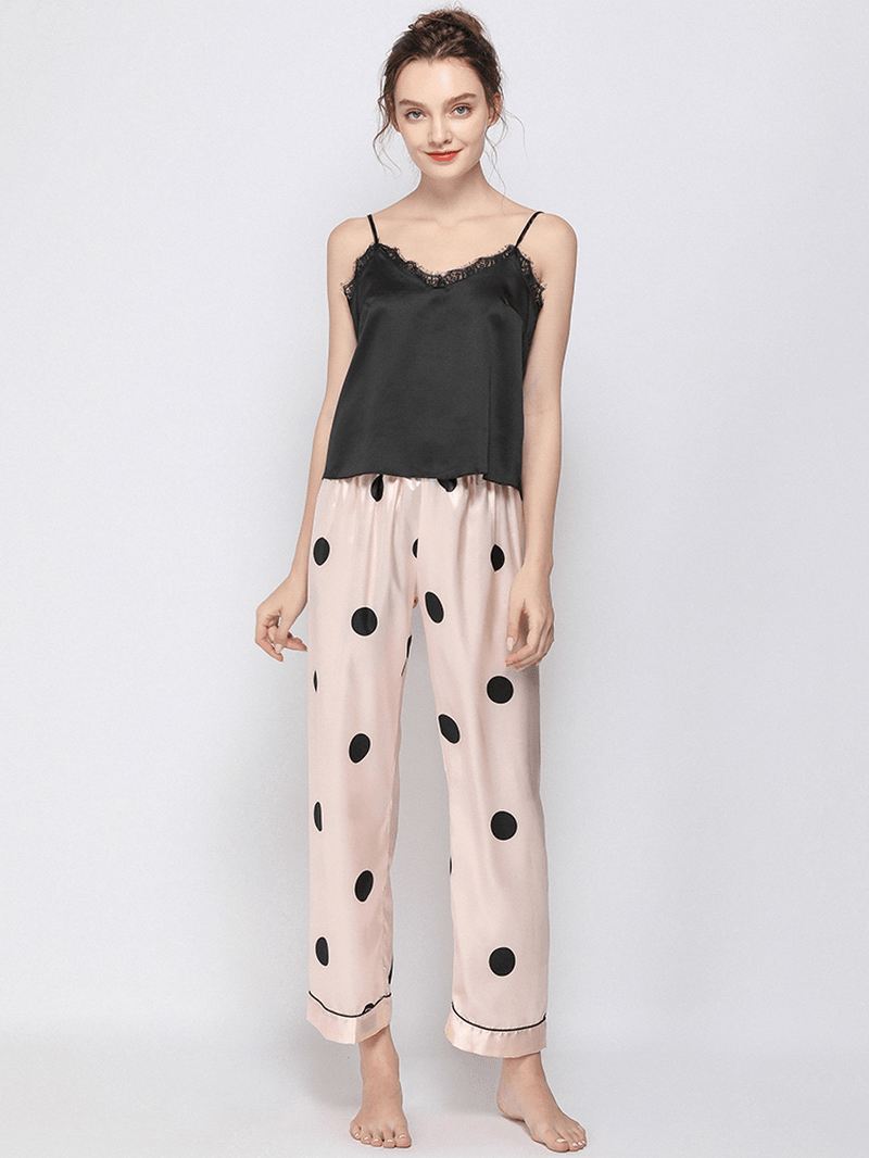 Polka Dot Spaghetti Remme Blonde-trim Rygfri Lungewear Casual Pyjamas Sæt