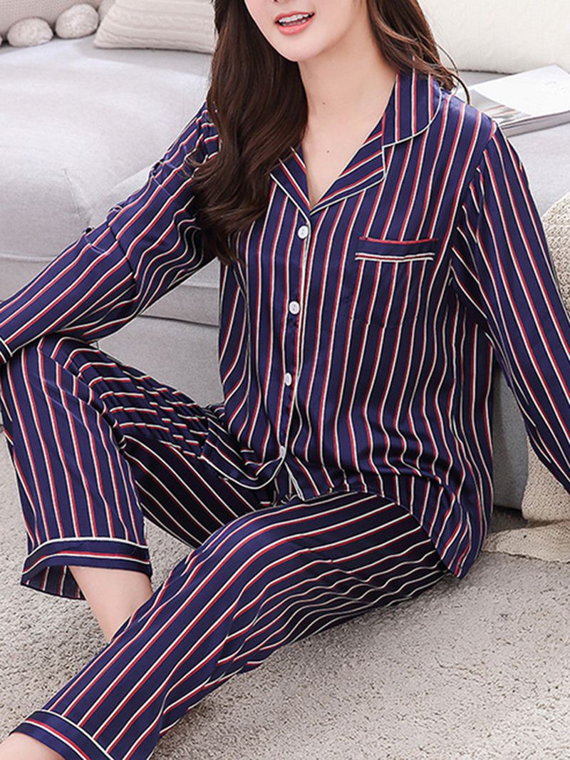 Stripe Camp-krave-lomme Langærmet Elastisk Talje Faux Silk Home Pyjamassæt Til Kvinder