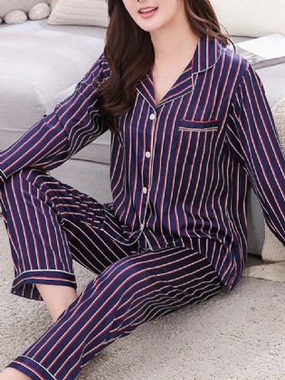 Stripe Camp-krave-lomme Langærmet Elastisk Talje Faux Silk Home Pyjamassæt Til Kvinder