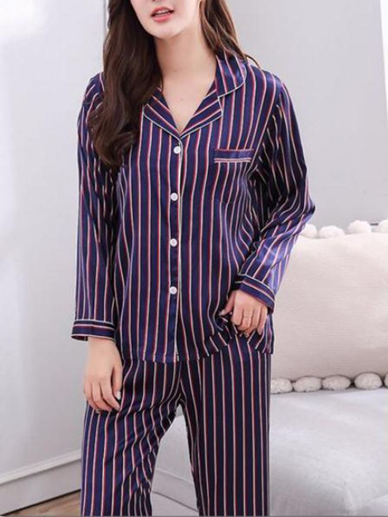 Stripe Camp-krave-lomme Langærmet Elastisk Talje Faux Silk Home Pyjamassæt Til Kvinder