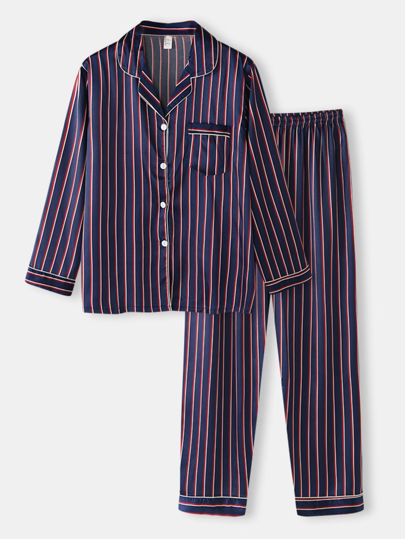 Stripe Camp-krave-lomme Langærmet Elastisk Talje Faux Silk Home Pyjamassæt Til Kvinder