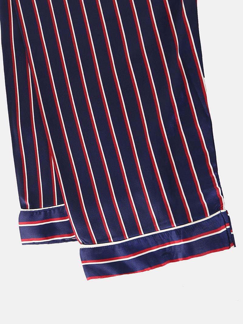 Stripe Camp-krave-lomme Langærmet Elastisk Talje Faux Silk Home Pyjamassæt Til Kvinder