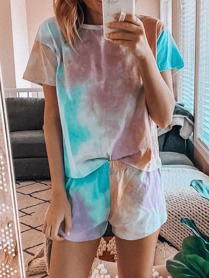 Tie Dye Med Tryk Loungewear Sæt Dradient Kortærmet Todelt Pyjamas